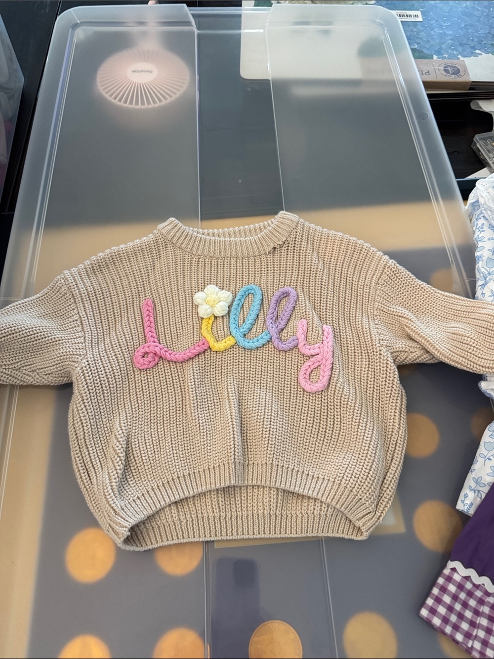 Lilly Embroidered Knit Sweater - Beige with Pastel Script - Kids
